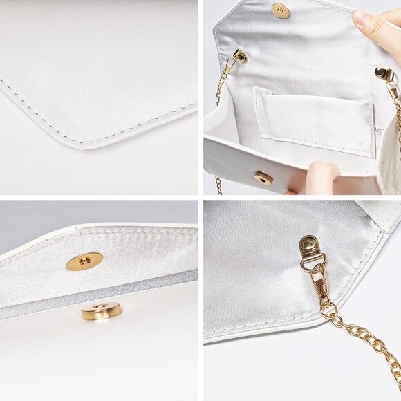 White leather envelope clutch purse with chain strap, elegant evening bag - Picture 5 of 7
